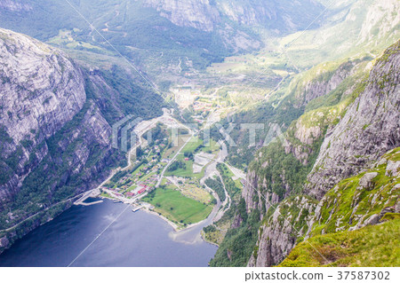 Lysefjord and Lysebotn from the mountain Kjerag Lysefjord and Lysebotn from the mountain Kjerag 37587302