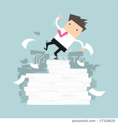 Businessman falling of paper mountain Businessman falling of paper mountain 37588620
