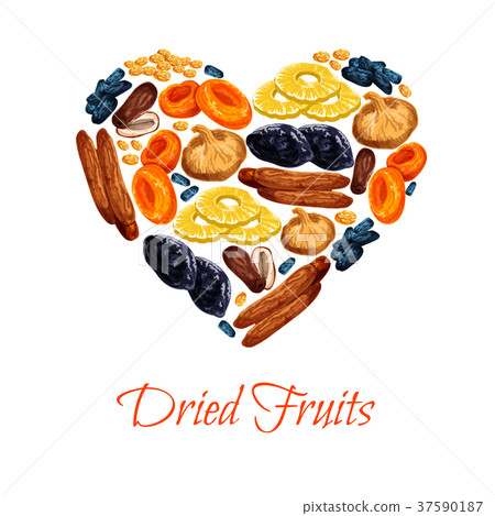 Vector heart poster of dried fruits snacks Vector heart poster of dried fruits snacks 37590187