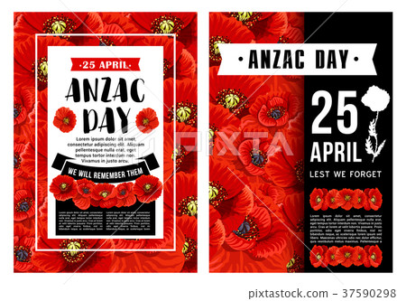 Anzac Day poster with poppy flower, black ribbon 37590298