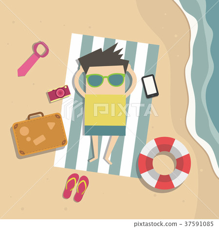 Businessman relaxes on the beach on vacation Businessman relaxes on the beach on vacation 37591085