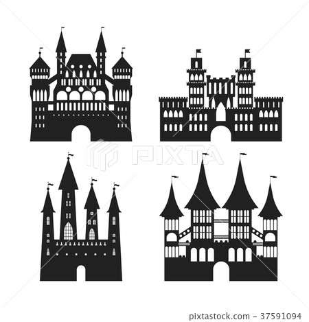 Cartoon Silhouette Black Medieval Old Castles Icon 37591094