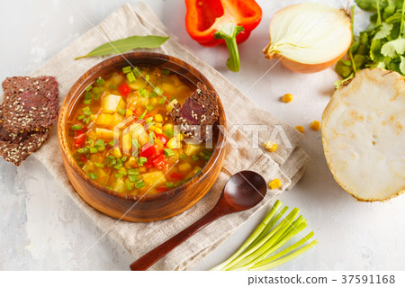 Healthy bright vegetable corn soup 37591168