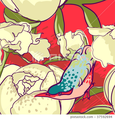 Seamless floral background with peonies bird Seamless floral background with peonies bird 37592694