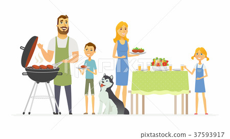 Happy family at the barbecue - modern cartoon Happy family at the barbecue - modern cartoon 37593917