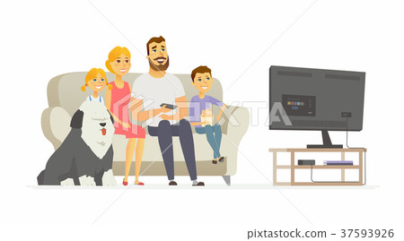 Happy family watching TV - modern cartoon people 37593926