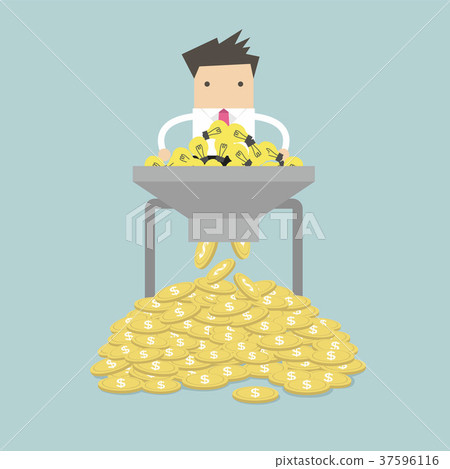 Businessman put idea bulbs in a machine 37596116