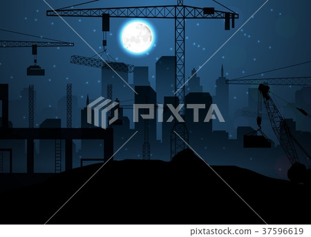 Construction site with cranes on night sky and moo 37596619