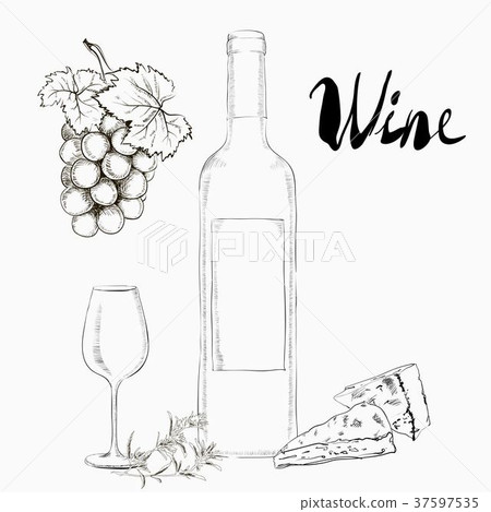 Hand Drawn Illustration Wine Glass and Bottle Hand Drawn Illustration Wine Glass and Bottle 37597535