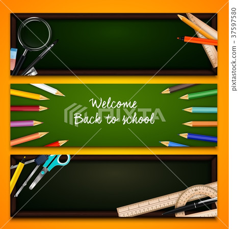 Colorful crayons and school supplies on chalkboard Colorful crayons and school supplies on chalkboard 37597580