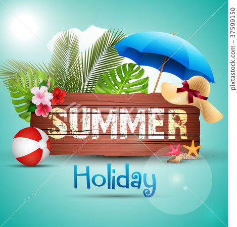 Summer holiday with wooden background and palm lea 37599150
