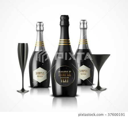 Wineglass and champagne wine bottles 37600191