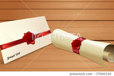 Envelope with paper scroll and red wax seal 37600194