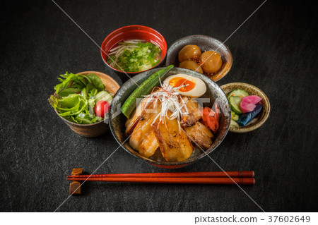 Barbecued pork rice bowl japanese food 37602649