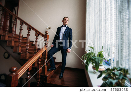 The groom is dressed at home in a suit. Cute groom The groom is dressed at home in a suit. Cute groom 37603988