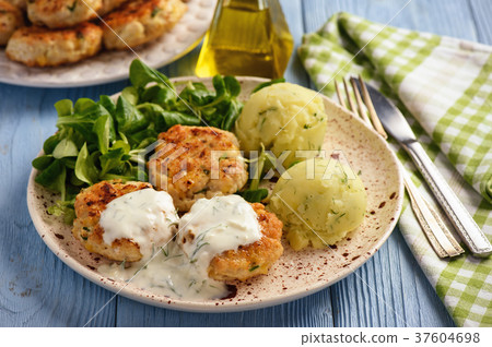 Chicken cutlets served with mashed potatoes. 37604698