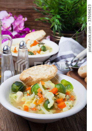 Bowl of minestrone soup. Bowl of minestrone soup. 37606623