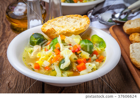 Bowl of minestrone soup. Bowl of minestrone soup. 37606624