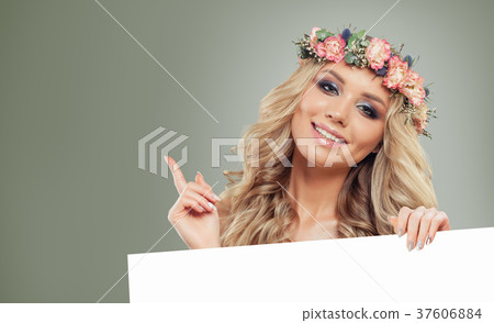 Smiling Model Woman with Blank Board Banner 37606884