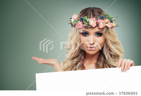 Beautiful Lady Holding Blank Board Banner 37606893
