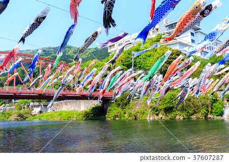 在季節豐川安橋峽谷結束時沿河游泳的鯉魚旗 37607287