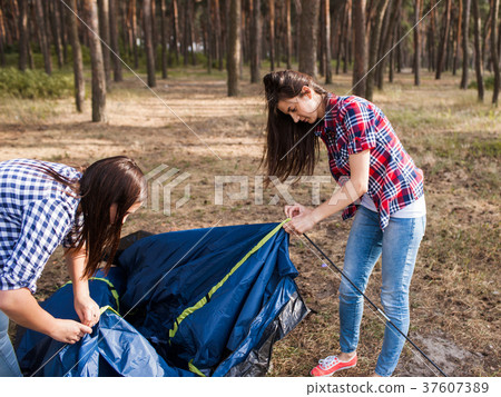 Friend help support set up tent together 37607389