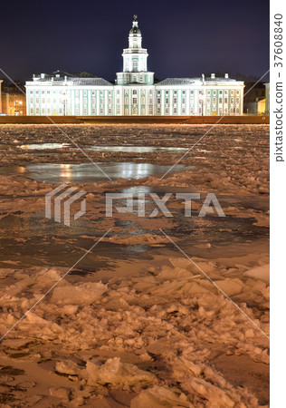 Embankment and frozen Neva River at night. Embankment and frozen Neva River at night. 37608840