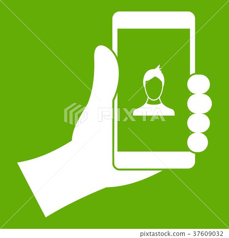 Hand holding smartphone with photo icon green Hand holding smartphone with photo icon green 37609032