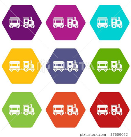 Toy train icon set color hexahedron 37609052