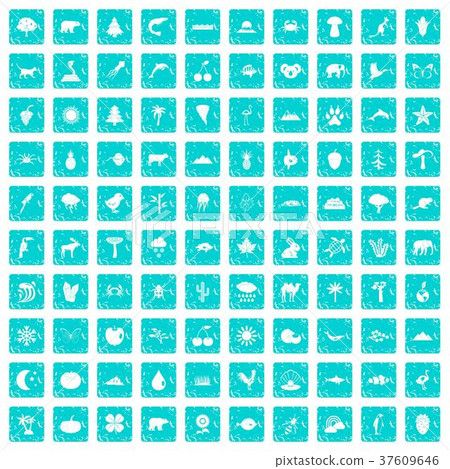 100 nature icons set grunge blue 37609646
