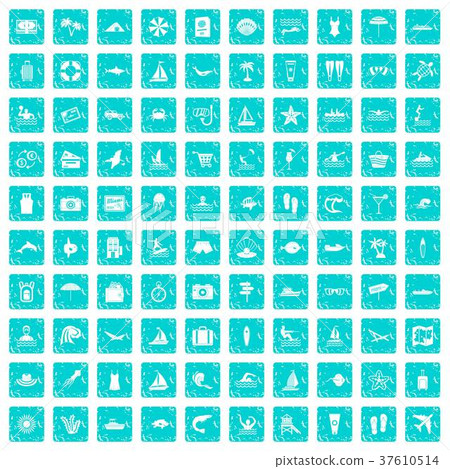 100 beach icons set grunge blue 100 beach icons set grunge blue 37610514