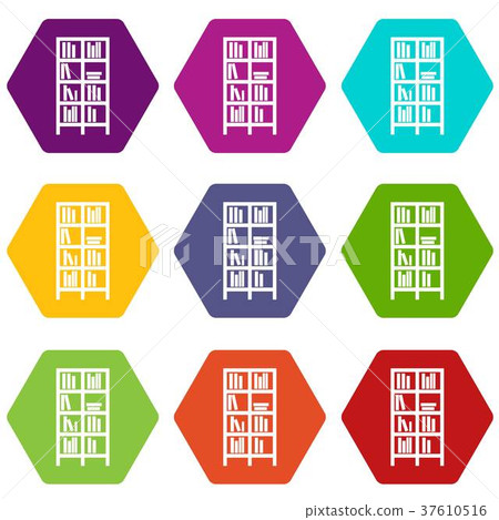 Bookcase icon set color hexahedron Bookcase icon set color hexahedron 37610516