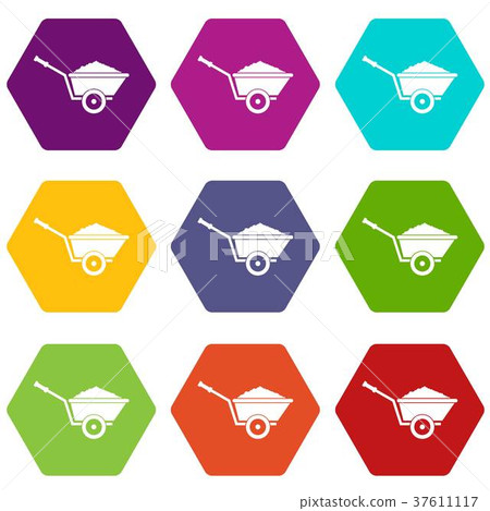 Garden wheelbarrow icon set color hexahedron Garden wheelbarrow icon set color hexahedron 37611117