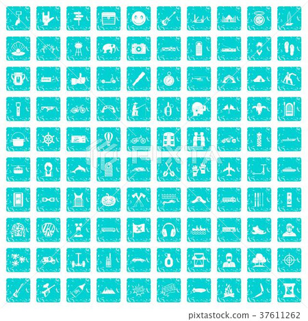 100 adventure icons set grunge blue 37611262