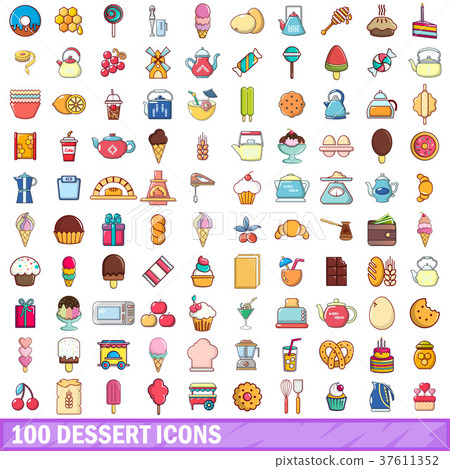 100 dessert icons set, cartoon style 100 dessert icons set, cartoon style 37611352