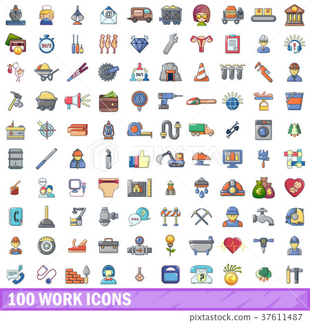 100 work icons set, cartoon style 37611487