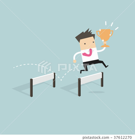 Businessman jumping over obstacle holding trophy Businessman jumping over obstacle holding trophy 37612270