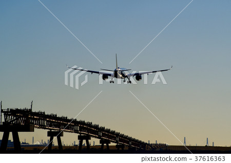 Airliner a-1 with landing lights ready to shine with guidance lights and west day No wing level available 37616363