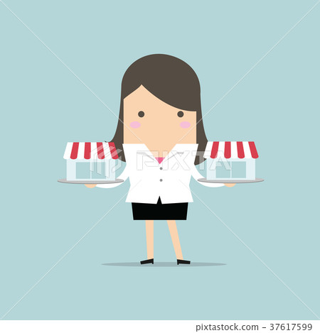 Businesswoman with franchise shop on tray Businesswoman with franchise shop on tray 37617599