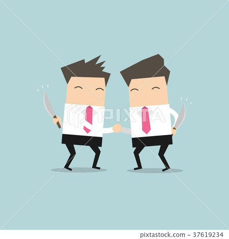 Businessman handshaking rivals with weapons behind 37619234