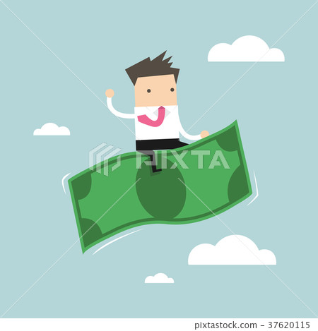 Businessman riding flying money Businessman riding flying money 37620115