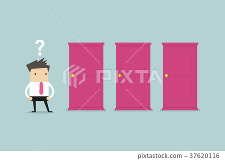 Businessman standing beside three doors 37620116
