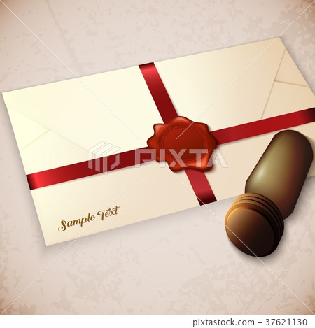Envelope and red wax seal with seal stamp 37621130