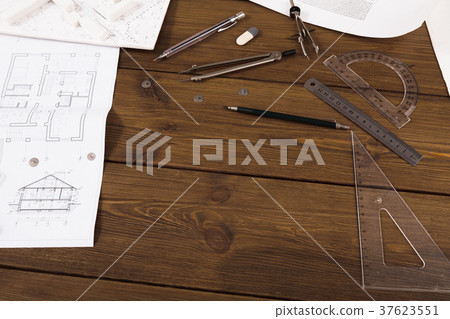 Architectural project, engineering tools on table. 37623551