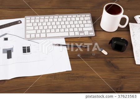 Architectural project, engineering tools on table. Architectural project, engineering tools on table. 37623563