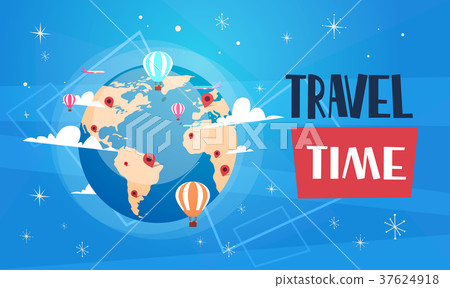 Travel Poster With Worlds Globe On Blue Background Travel Poster With Worlds Globe On Blue Background 37624918