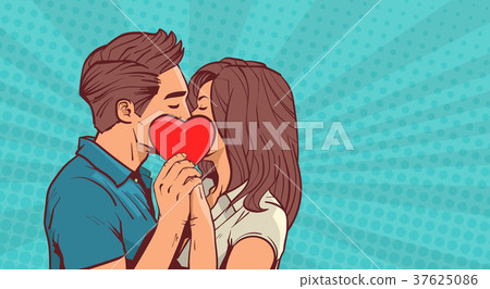 Young Couple Kissing Hollding Red Heart Shape Over 37625086