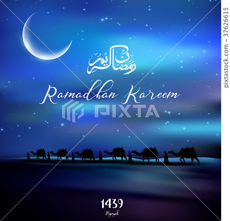 Ramadan kareem with walking camel caravan at night 37626615
