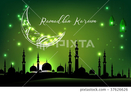 Beautiful mosque with moon on green sky background 37626626
