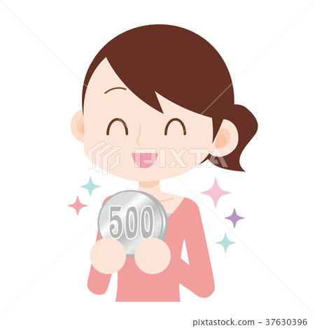 Woman with one coin 500 yen coin 37630396